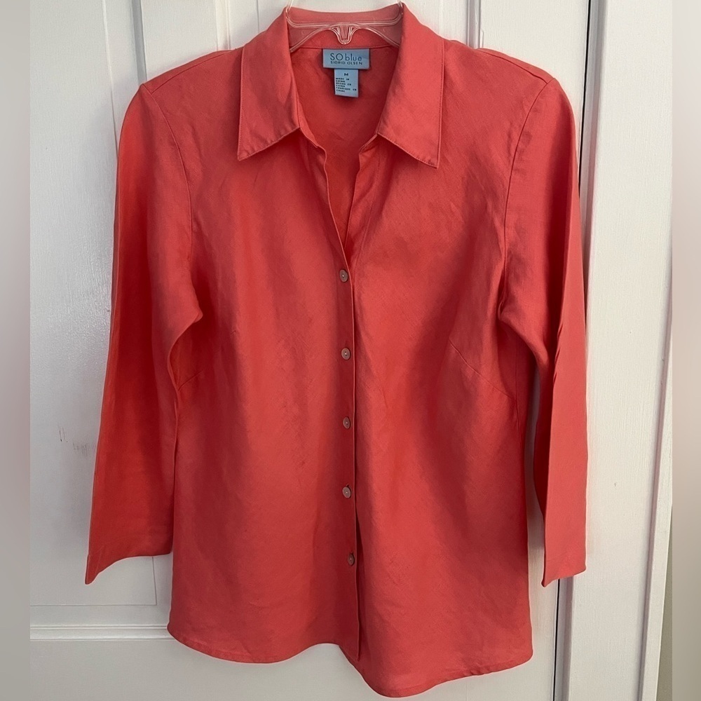 Sigrid Olsen So Blue 100% Linen Button Up Shirt 3/4 Sleeves Preppy Casual Medium